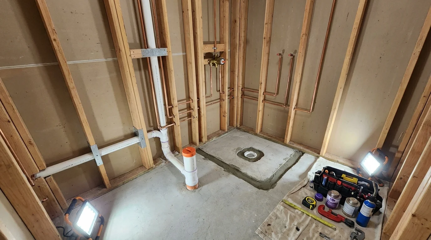 Bathroom rough-in plumbing during remodel by Johns Plumbing LLC in Stockbridge
