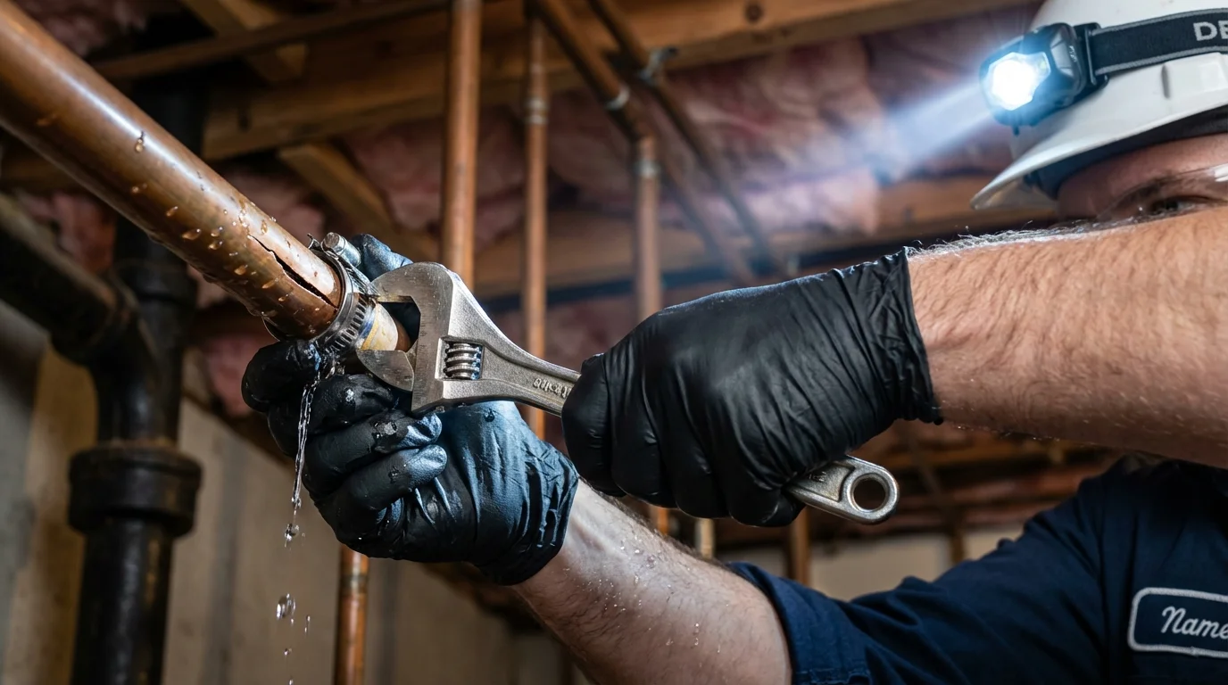 Emergency pipe clamp repair being performed by a Johns Plumbing LLC plumber in Stockbridge